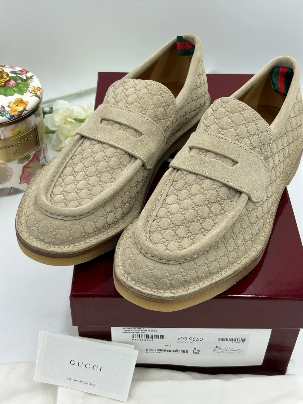 Gucci Men's oatmeal Suede GG Logo Penny Loafers size 8 fits 9 US made in Italy